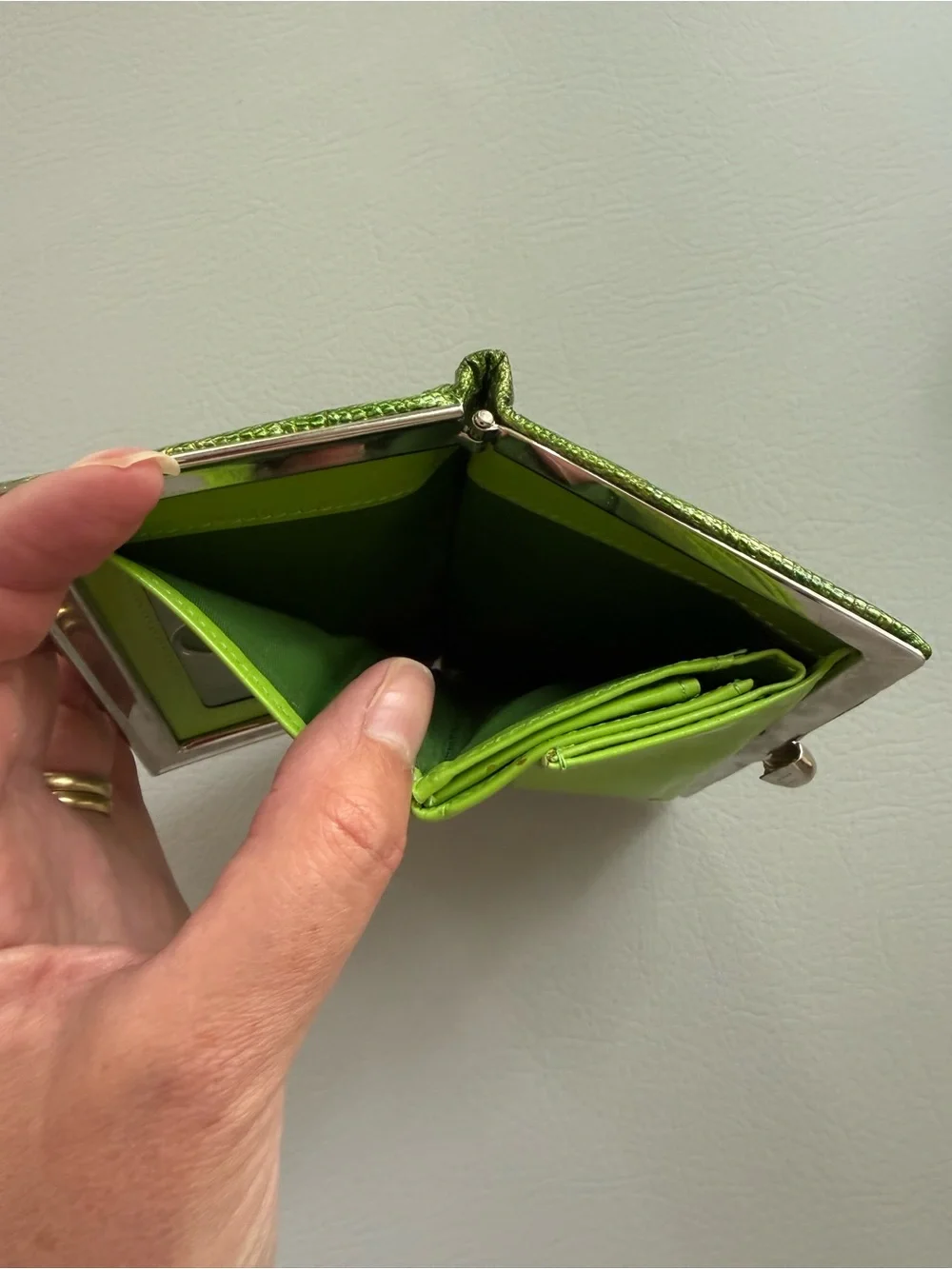 Lodis Green Metallic Crocodile Embossed Frame Clutch Mini Wallet